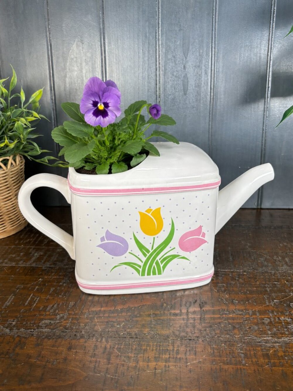 Vintage Teleflora Ceramic Watering Can Planter, Tulip Floral Vase